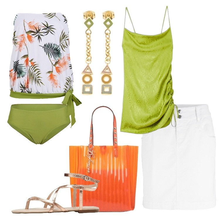 Outfit donna - Una giornata al mare. Stile Casual chic per Tutti i giorni. Abbinamento con costumi interi, minigonne, infradito, borse a mano, vestiti corti, orecchini.