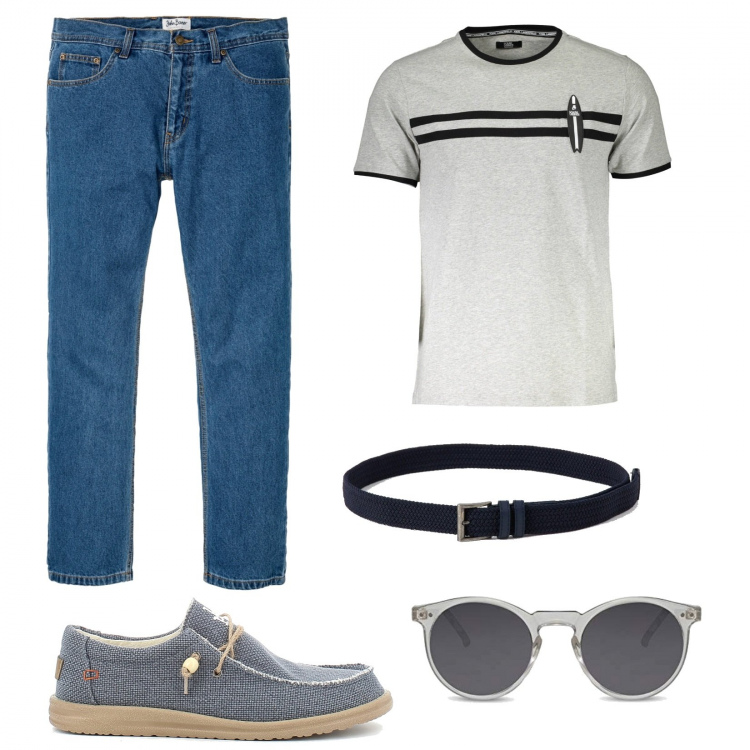 Outfit uomo - Per lui il basic. Stile Trendy per Tutti i giorni. Abbinamento con jeans dritti, cinture, scarpe stringate, t-shirt, occhiali da sole.