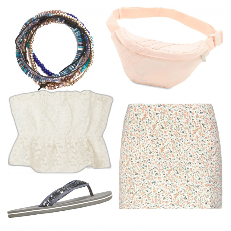 Outfit donna - L\'aperitivo in spiaggia. Stile Romantica per Mare. Abbinamento con infradito, minigonne, top, braccialetti, marsupi.