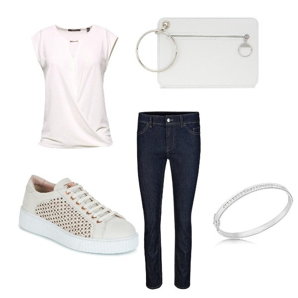 Outfit donna - Urban #3981. Stile Urban per Tutti i giorni. Abbinamento con scarpe blu e bianco, clutch bianco, t-shirt bianco, jeans skinny blu, bracciale in sterling 925 ipoallergenico argento e bianco.