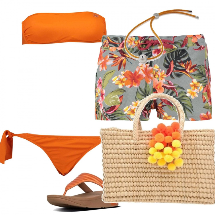 Outfit donna - Mare. Stile Basic per Mare. Abbinamento con infradito, vestiti da spiaggia, borse a mano, bikini, braccialetti.