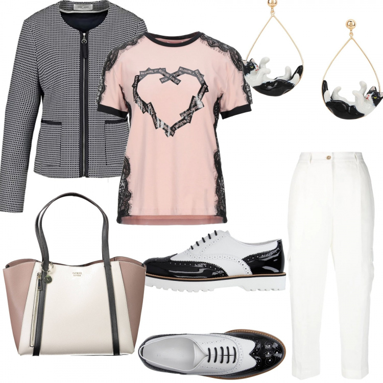 Outfit donna - In ufficio con amore. Stile Casual per Ufficio. Abbinamento con scarpe stringate, t-shirt, orecchini, pantaloni a palazzo, blazer, pochette.