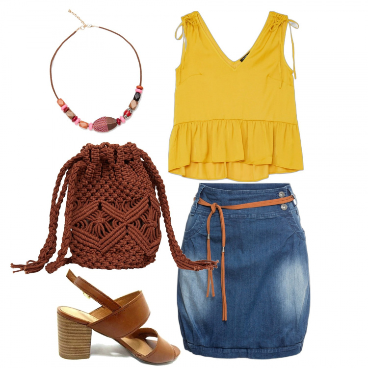 Outfit donna - Tl pranzo estate. Stile Casual per Tutti i giorni. Abbinamento con minigonne, borse a tracolla, top, collane, sandali col tacco.