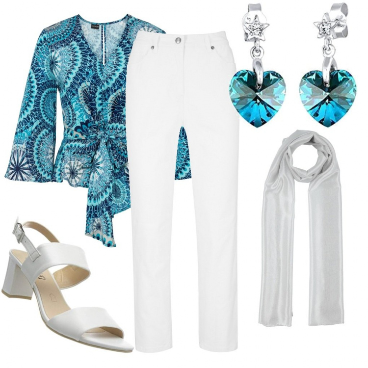 Outfit donna - Da noi a cena in terrazza. Stile Sporty chic per Serata fuori. Abbinamento con pantaloni, bluse, stole, sandali in pelle, orecchini.