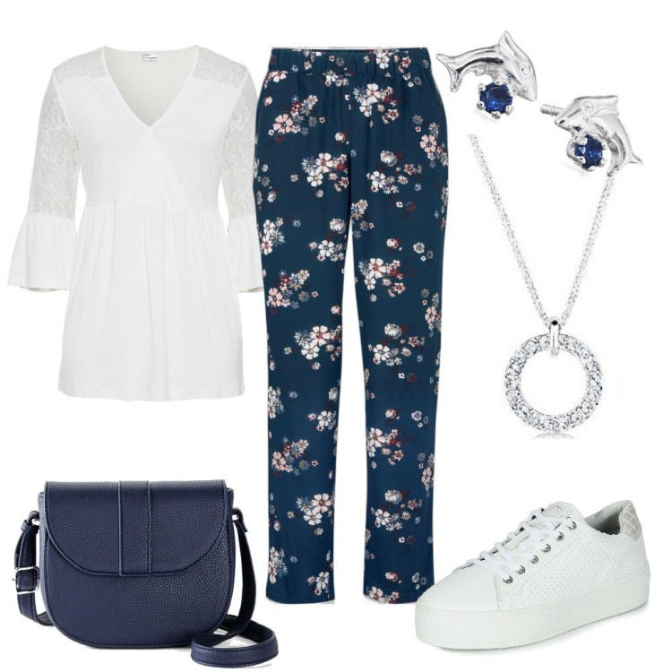 Outfit donna - Usciamo per un gelato?. Stile Basic per Serata fuori. Abbinamento con pantaloni, maglieria, gonne longuette, sneakers, ciondoli, orecchini.