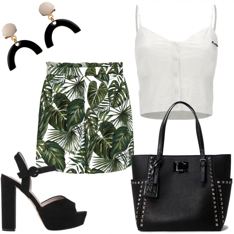 Outfit donna - Wild. Stile Trendy per Tutti i giorni. Abbinamento con orecchini, sandali in pelle, shorts, borse tote, top.
