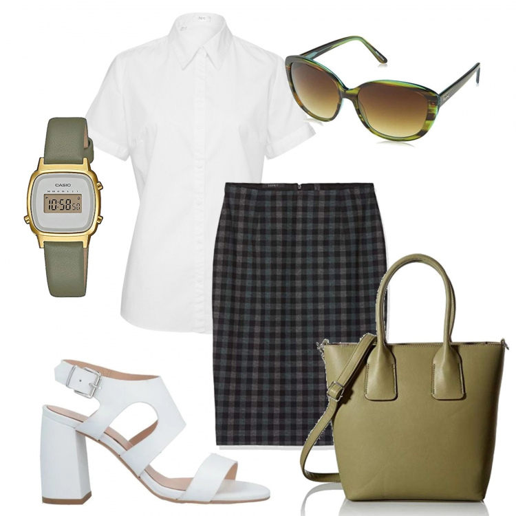 Outfit donna - Gonna a scacchi. Stile Bon Ton per Ufficio. Abbinamento con camicie a manica corta, sandali col tacco, gonne, occhiali da sole, orologi digitali, shopping bag.