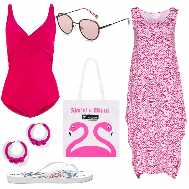 Outfit donna - Rimini e Miami. Stile Casual chic per Mare. Abbinamento con costumi interi, vestiti midi/longuette, orecchini, infradito, borse a spalla, occhiali da sole.