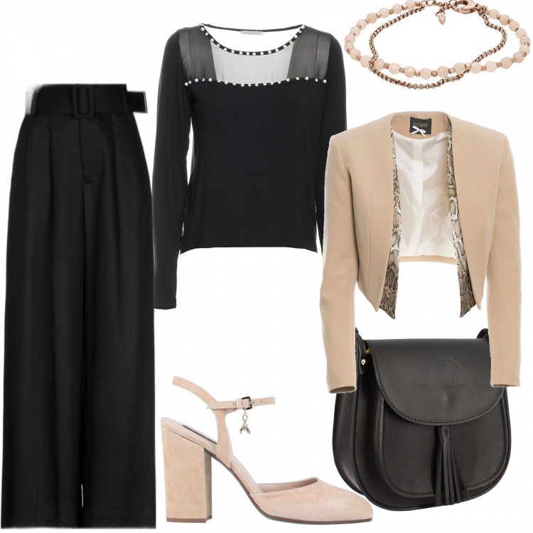 Outfit donna - Chiaro e scuro. Stile Casual chic per Tutti i giorni. Abbinamento con pantaloni, décolleté, top, bolero, borse a tracolla, braccialetti.