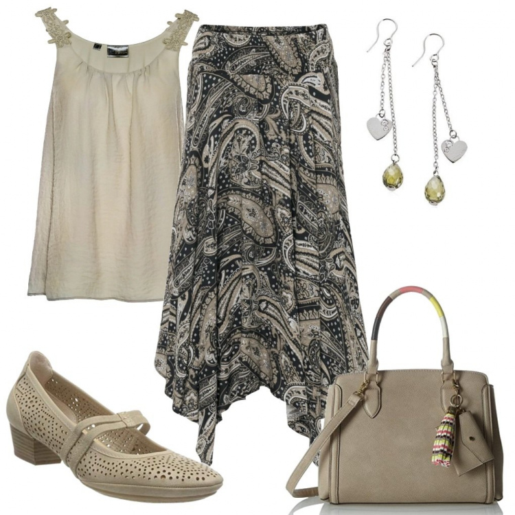 Outfit donna - Il marrone si sposa col verde. Stile Basic per Tutti i giorni. Abbinamento con gonne longuette, top, scarpe col tacco, borse a mano, orecchini.