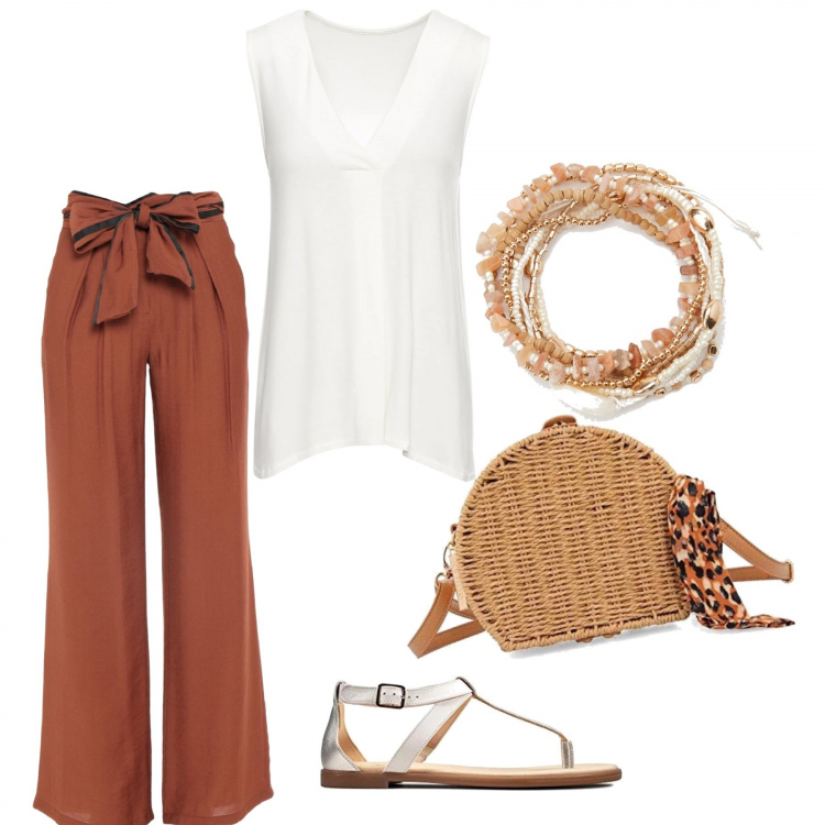 Outfit donna - Tl per l\'ufficio. Stile Bon Ton per Ufficio. Abbinamento con top, pantaloni, braccialetti, borse a tracolla, ballerine.