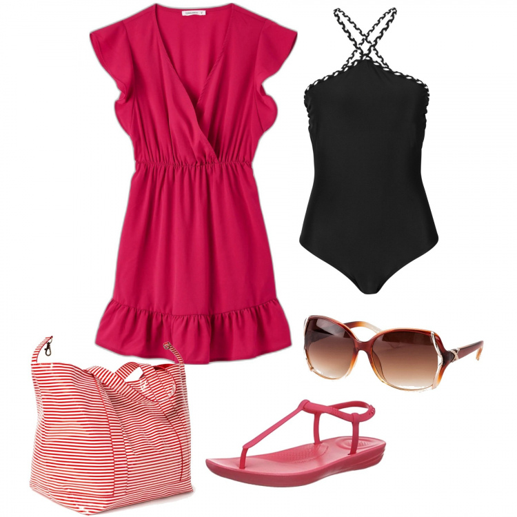 Outfit donna - Tl mare nero rosso. Stile Casual per Mare. Abbinamento con costumi interi, occhiali da sole, vestiti corti, shopping bag, infradito.