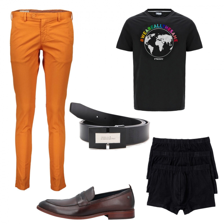 Outfit uomo - Pantaloni arancio. Stile Trendy per Serata speciale. Abbinamento con boxer, scarpe stringate, t-shirt, pantaloni, cinture.