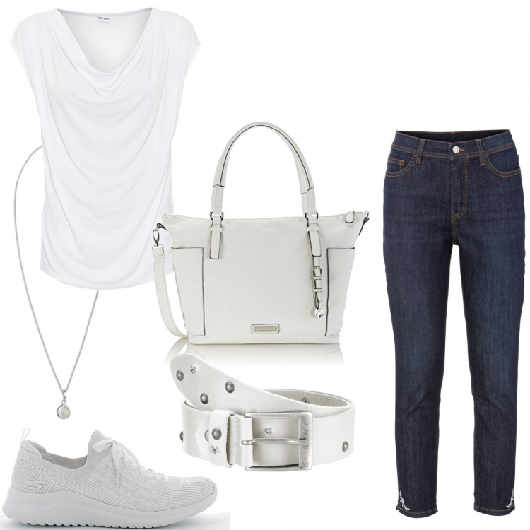 Outfit donna - Piccoli ricami sui jeans. Stile Casual chic per Ufficio. Abbinamento con maglieria, jeans, sneakers, shopping bag, cinture, ciondoli.