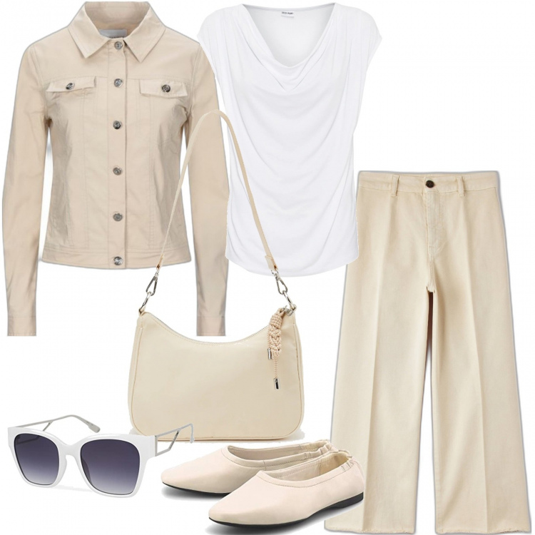Outfit donna - Idee per il bianco e beige. Stile Casual chic per Ufficio. Abbinamento con maglieria, giacche, pantaloni, borse a spalla, occhiali da sole, ballerine.