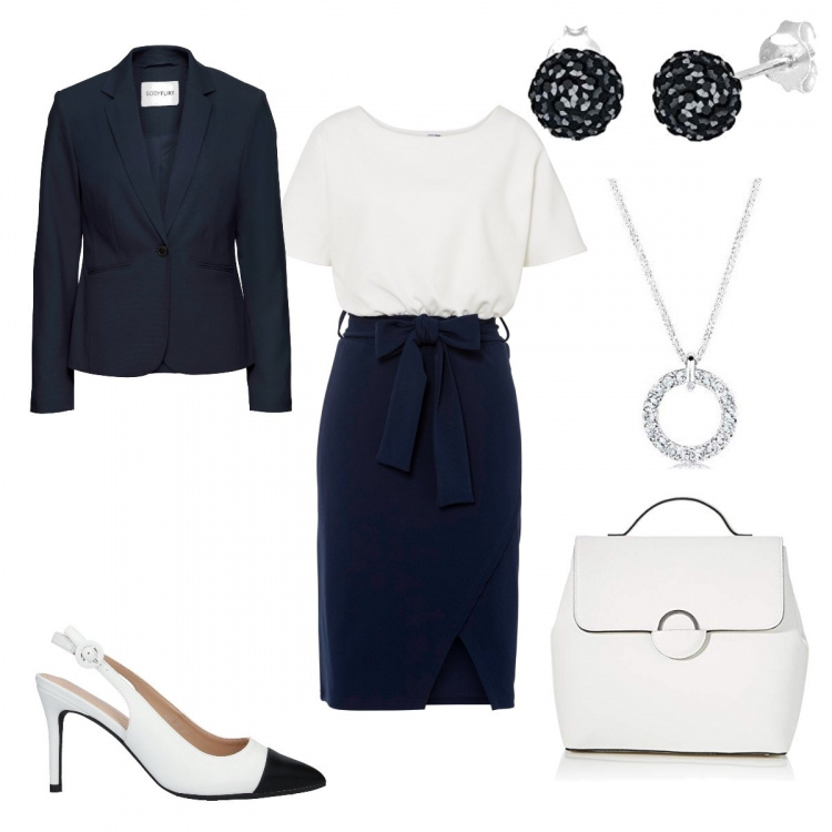 Outfit donna - Minimal chic. Stile Bon Ton per Cerimonia. Abbinamento con blazer, vestiti, décolleté, borse a mano, orecchini, ciondoli.