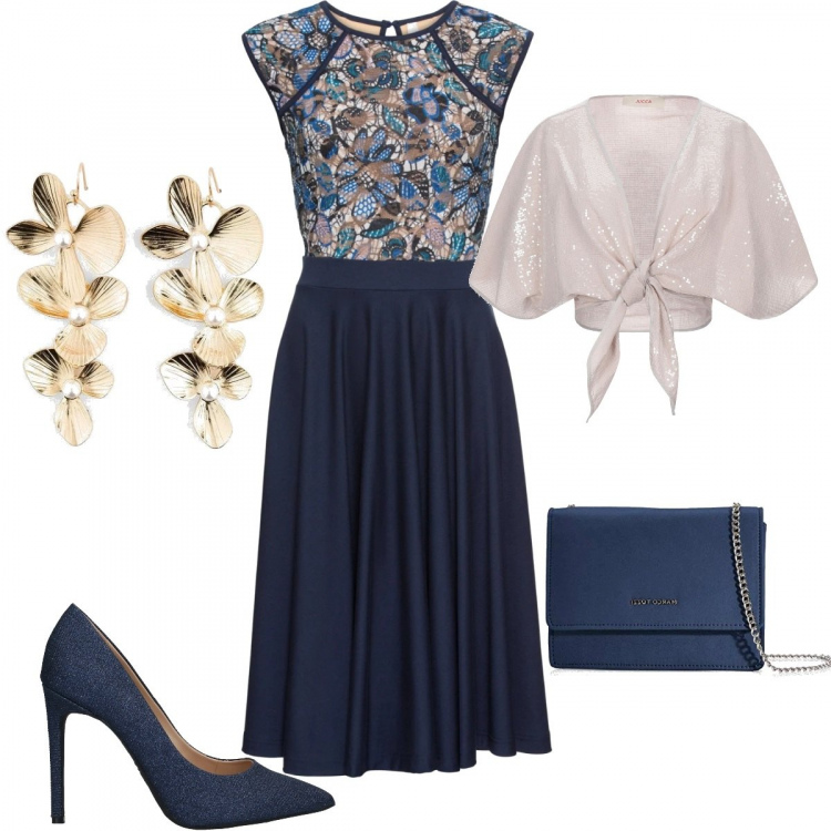 Outfit donna - Total look #1078205. Stile Chic per Cerimonia. Abbinamento con vestiti midi/longuette, orecchini, bolero, décolleté, clutch.