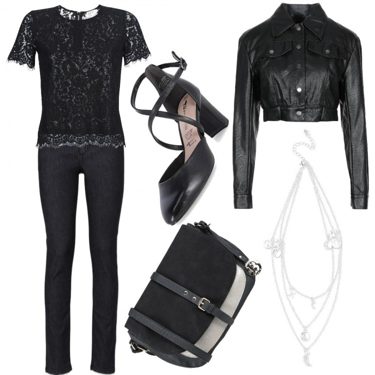 Outfit donna - Come Crudelia De Mon edizione 2021. Stile Trendy per Serata fuori. Abbinamento con jeans skinny, borse a tracolla, cappotti, camicie, ciondoli, scarpe col tacco.