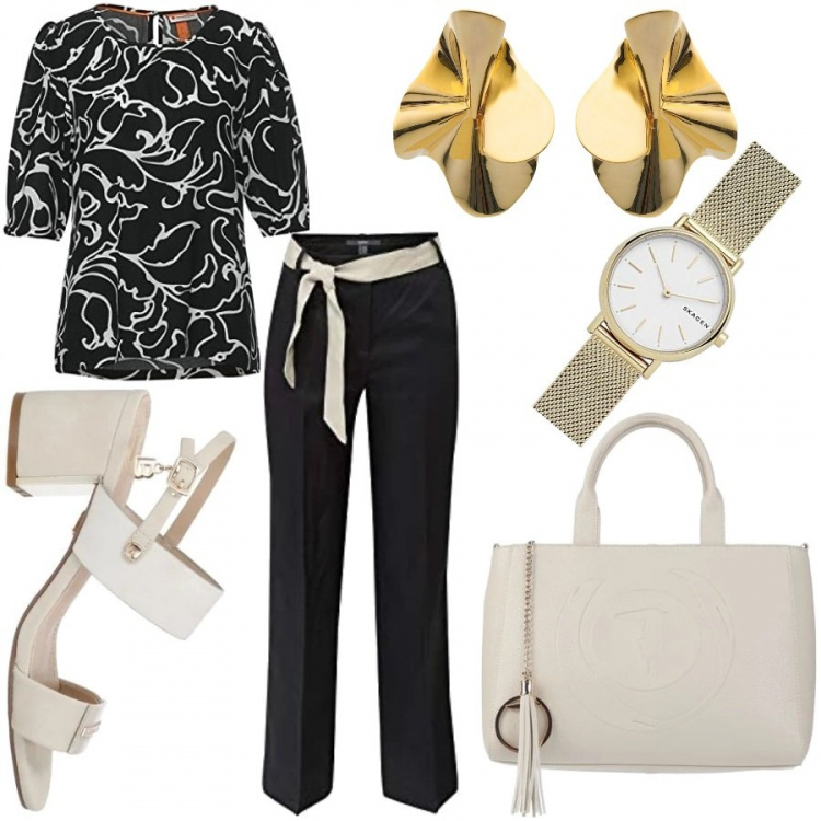 Outfit donna - Il capo sono io. Stile Trendy per Ufficio. Abbinamento con orecchini, sandali col tacco, borse a mano, pantaloni, camicie, orologi analogici.