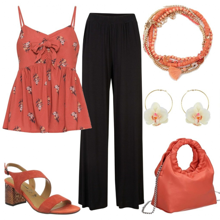 Outfit donna - Estate arancio. Stile Casual per Tutti i giorni. Abbinamento con pantaloni, top, orecchini, braccialetti, pochette, sandali.