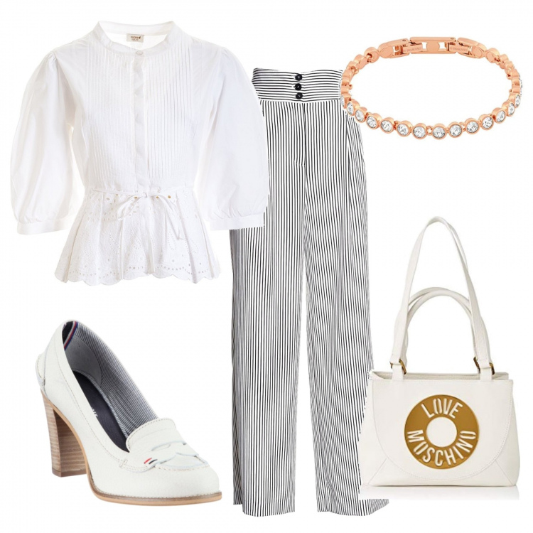 Outfit donna - Chic #17481. Stile Chic per Tutti i giorni. Abbinamento con pantaloni a palazzo, camicie, scarpe col tacco, braccialetti, borse a spalla.