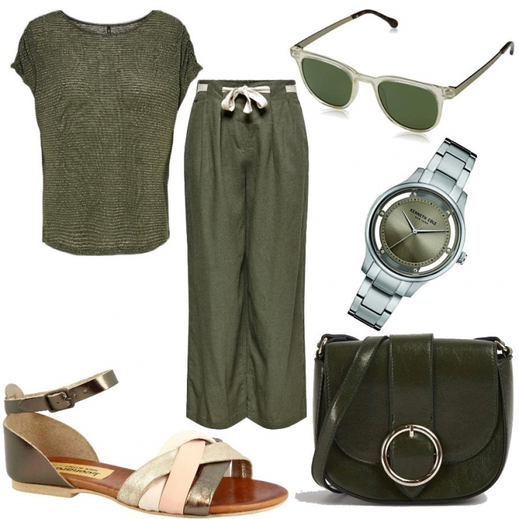 Outfit donna - Casual in verde. Stile Casual per Tutti i giorni. Abbinamento con borse a tracolla, sandali in pelle, t-shirt, pantaloni a palazzo, occhiali da sole, orologi analogici.