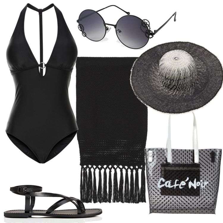 Outfit donna - Il mare chic di Emma. Stile Chic per Mare. Abbinamento con costumi interi, borse a mano, gonne longuette, sandali alla schiava, cappelli, occhiali da sole.