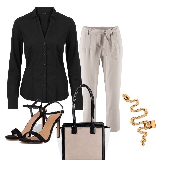 Outfit donna - Ispirazione a Sarah Jessica Parker. Stile Bon Ton per Tutti i giorni. Abbinamento con camicie, pantalone con cintura elasticizzato grigio, gonna a tubino fantasia con zip in pelle sintetica nero, orecchini motivo serpente oro, sandali petite collo aperto pianta larga nudo.