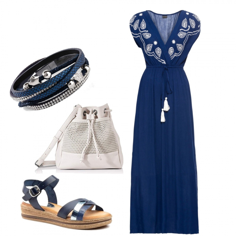 Outfit donna - Semplice in blu. Stile Bon Ton per Ufficio. Abbinamento con vestiti lunghi, braccialetti, sandali, borse a tracolla.