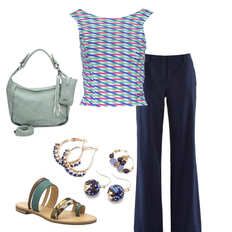 Outfit donna - Tl blu verde. Stile Casual chic per Tutti i giorni. Abbinamento con pantaloni, orecchini, canottiere, sandali, borse a spalla.