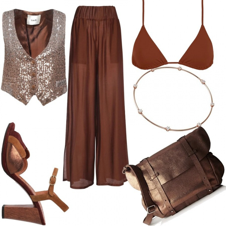Outfit donna - Party glamorous. Stile Glamour per Serata fuori. Abbinamento con sandali col tacco, top, pantaloni, borse a tracolla, collane, bikini.