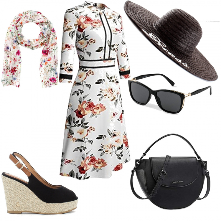 Outfit donna - Fiori e bonton. Stile Bon Ton per Tutti i giorni. Abbinamento con occhiali da sole, foulard, zeppe, vestiti midi/longuette, borse a mano, cappelli.