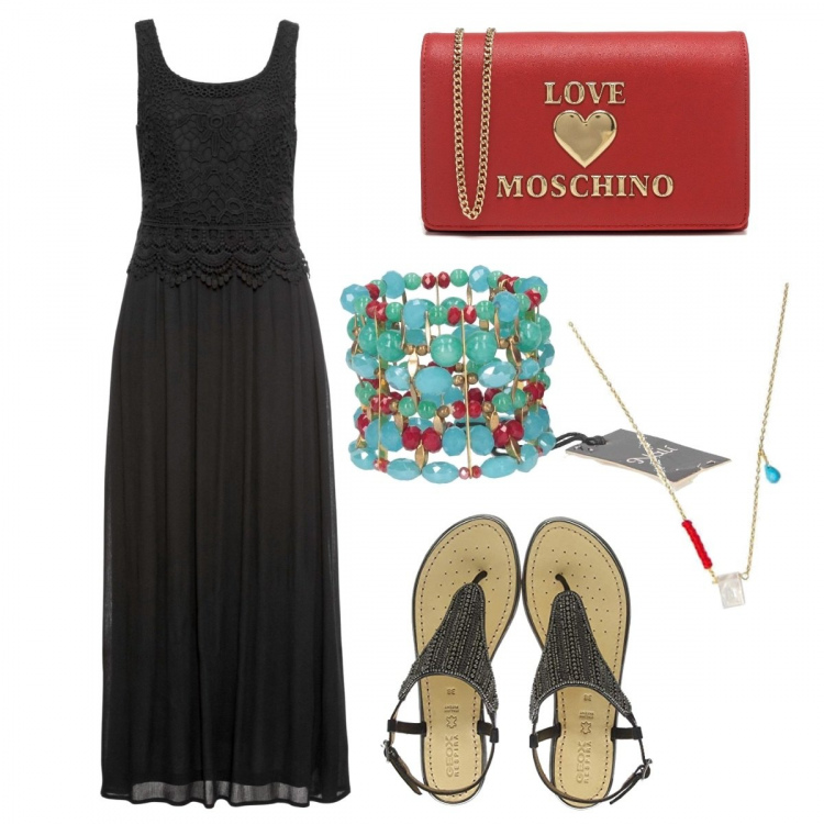 Outfit donna - Serata estiva - curvy. Stile Glamour per Serata fuori. Abbinamento con vestiti midi/longuette, braccialetti, collane, pochette, sandali col tacco.
