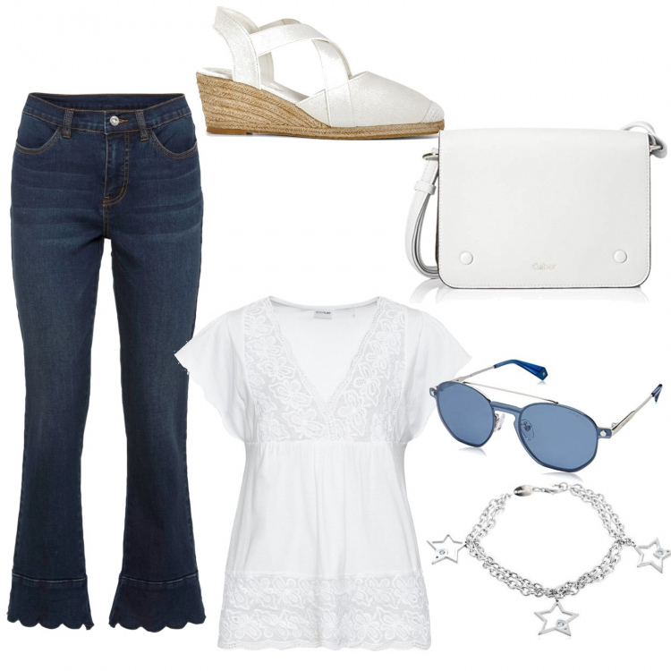 Outfit donna - Una grigliata a casa mia. Stile 70s per Serata fuori. Abbinamento con maglieria, jeans, sandali, braccialetti, occhiali da sole, borse a tracolla.
