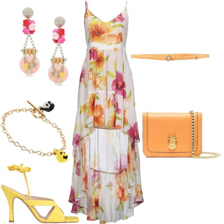 Outfit donna - Look Diurno festa 18esimo all\'aperto. Stile Sexy per Cerimonia. Abbinamento con vestiti corti, sandali col tacco, cinture, braccialetti, borse a tracolla, orecchini.