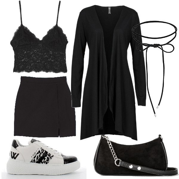 Outfit donna - Total look #1078946. Stile Sexy per Serata fuori. Abbinamento con cardigans, borse a tracolla, minigonne, top, sneakers, collane.