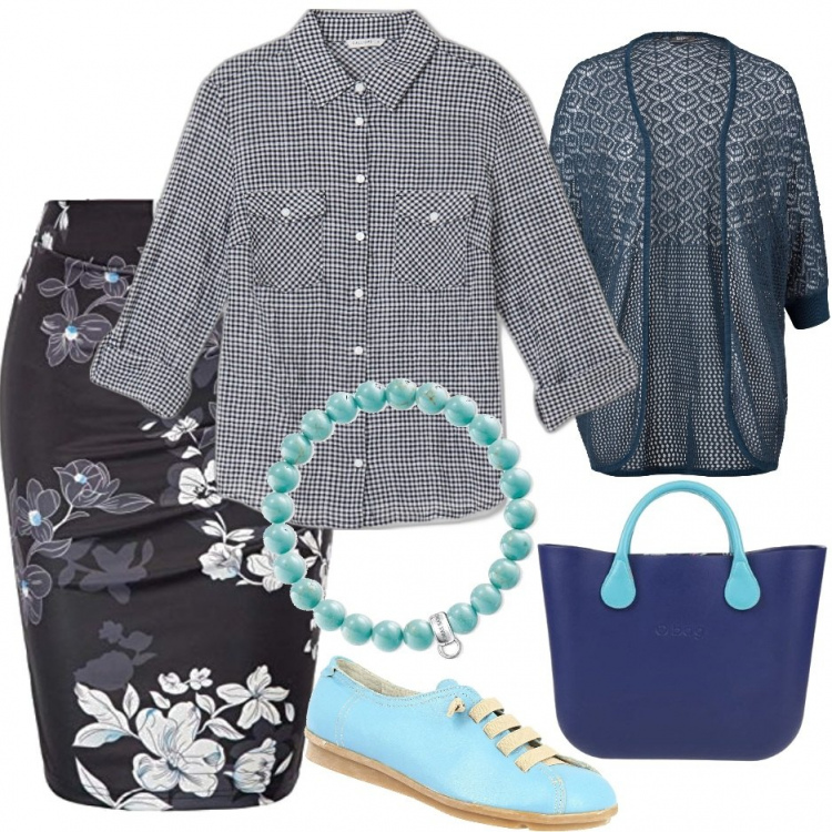 Outfit donna - Scacchi e fiori. Stile Sporty chic per Ufficio. Abbinamento con cardigans, borse a mano, scarpe stringate, camicie, gonne longuette, braccialetti.