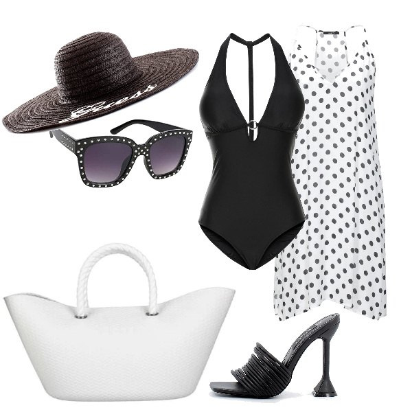 Outfit donna - Donna di classe al mare. Stile Glamour per Mare. Abbinamento con costumi interi, vestiti corti, borse a mano, sandali in pelle, occhiali da sole, cappelli.