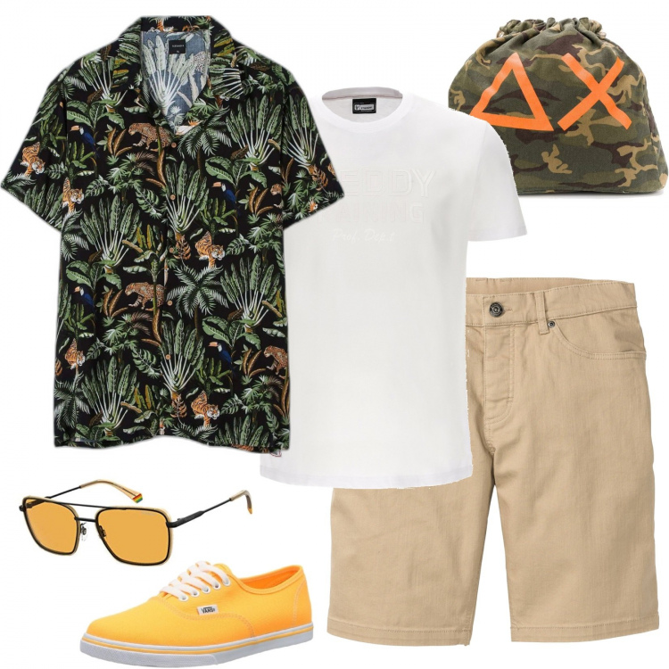 Outfit uomo - Picnic al lago. Stile Casual per Tutti i giorni. Abbinamento con bermuda, camicie a manica corta, borse sportive, t-shirt, occhiali da sole, sneakers.