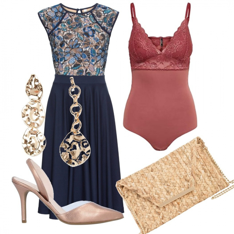 Outfit donna - Total look #1079210. Stile Chic per Cerimonia. Abbinamento con vestiti midi/longuette, pochette, décolleté, orecchini, body.