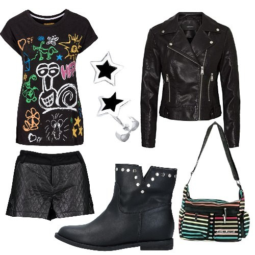 Outfit donna - Estremismi Rock. Stile Rock per Tutti i giorni. Abbinamento con t-shirt, stivaletti, borse a tracolla, blazer, pantaloni, orecchini.