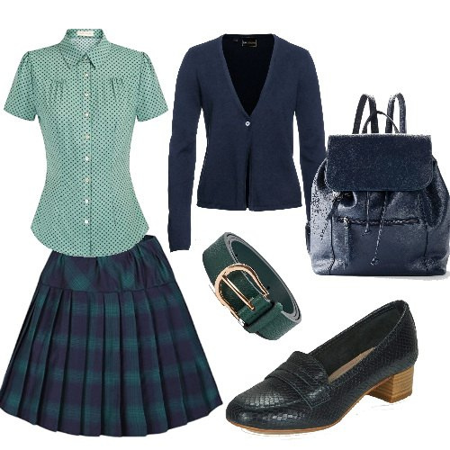 Outfit donna - Preppy in blu e verde. Stile Preppy per Tutti i giorni. Abbinamento con cardigans, zaini, cinture, mocassini, bluse, gonne.
