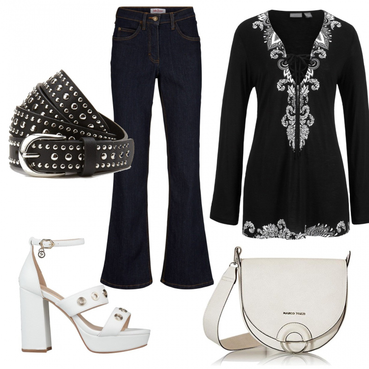 Outfit donna - Anni 70. Stile 70s per Tutti i giorni. Abbinamento con jeans bootcut, vestiti da spiaggia, sandali in pelle, cinture, borse a mano.