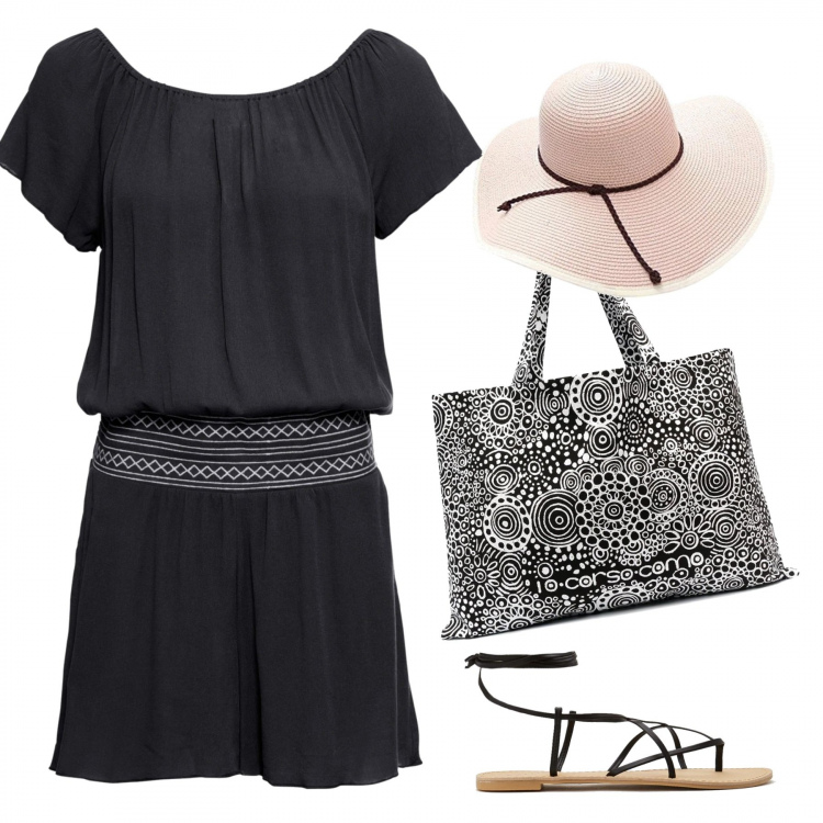Outfit donna - In vacanza!. Stile Trendy per Tutti i giorni. Abbinamento con tute, sandali alla schiava, borse tote, cappelli.