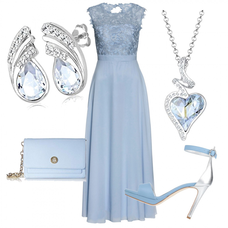 Outfit mujer - Vamos de boda. Estilo Glamour para Ceremonia. Combinación con pulseras, pendientes, bolsos de mano, vestidos largos, sandalias de tacón.