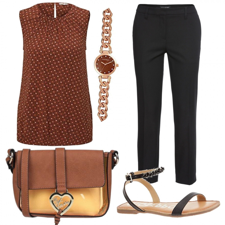 Outfit donna - 763- al tramonto. Stile Bon Ton per Ufficio. Abbinamento con pantaloni, borse a tracolla, t-shirt, sandali, orologi analogici.