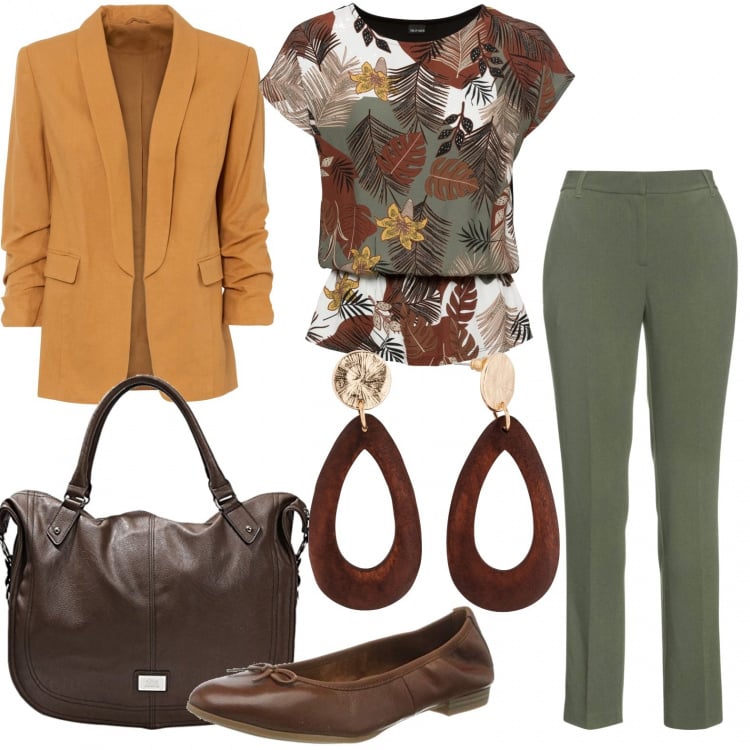 Outfit donna - Il blazer. Stile Casual chic per Ufficio. Abbinamento con giacche, maglieria, pantaloni, orecchini, borse a mano, ballerine.