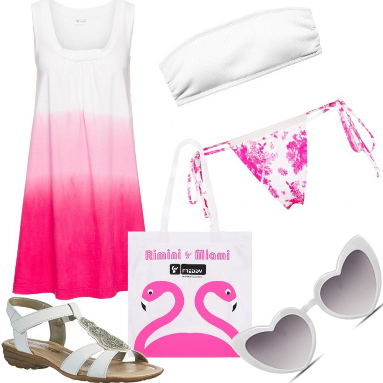 Outfit donna - Basic da spiaggia. Stile Basic per Mare. Abbinamento con vestiti da spiaggia, bikini, borse a spalla, occhiali da sole, bikini, sandali col tacco.
