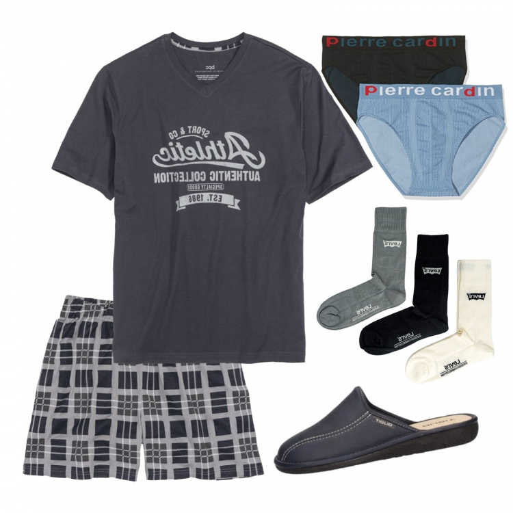 Outfit uomo - Pigiama e divano. Stile Casual per Tutti i giorni. Abbinamento con abbigliamento da notte, calzini, pantofole, slip.