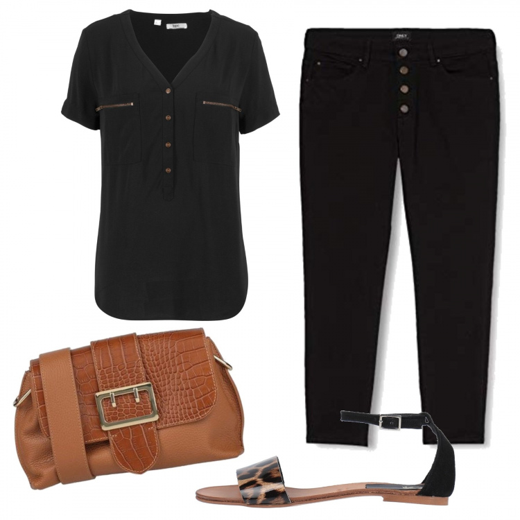 Outfit donna - 768- bottoni e cinghie. Stile Minimal per Ufficio. Abbinamento con camicie a manica corta, sandali, borse a tracolla, jeans skinny.
